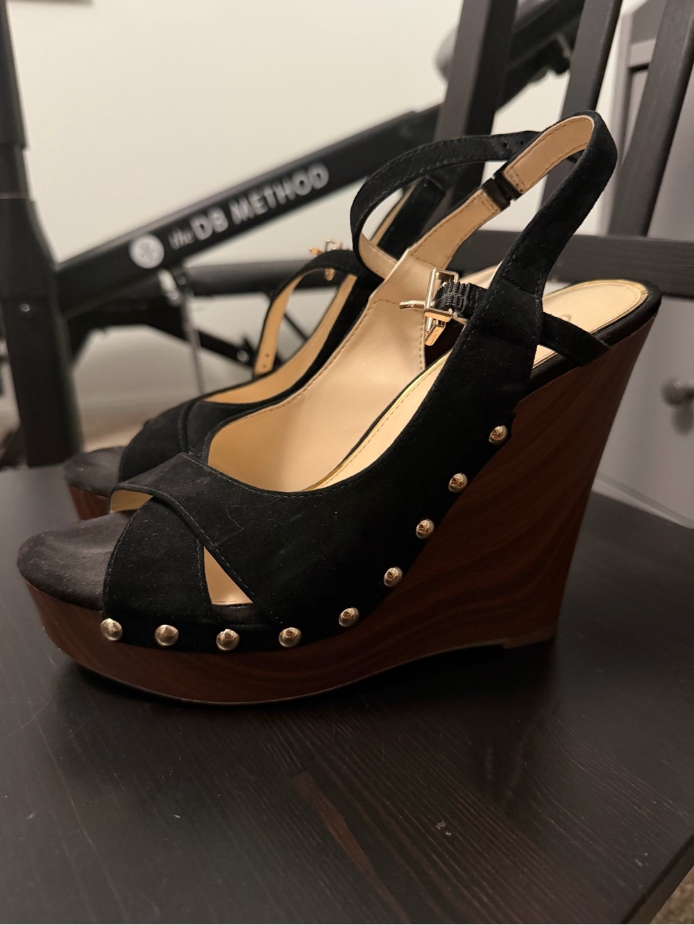 Jessica Simpson “Tausen”Black Suede Studded Wedge Sandals - Women's